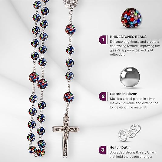 
This Rosary features 8mm multicolor crystallized beads with 10mm mystery beads and extends to a total length of 22 inches, beautifully crafted for both reflection and adornment. It is highlighted by a 2-inch Crucifix and a Miraculous medal, enhancing its spiritual essence.
Nazareth Store
