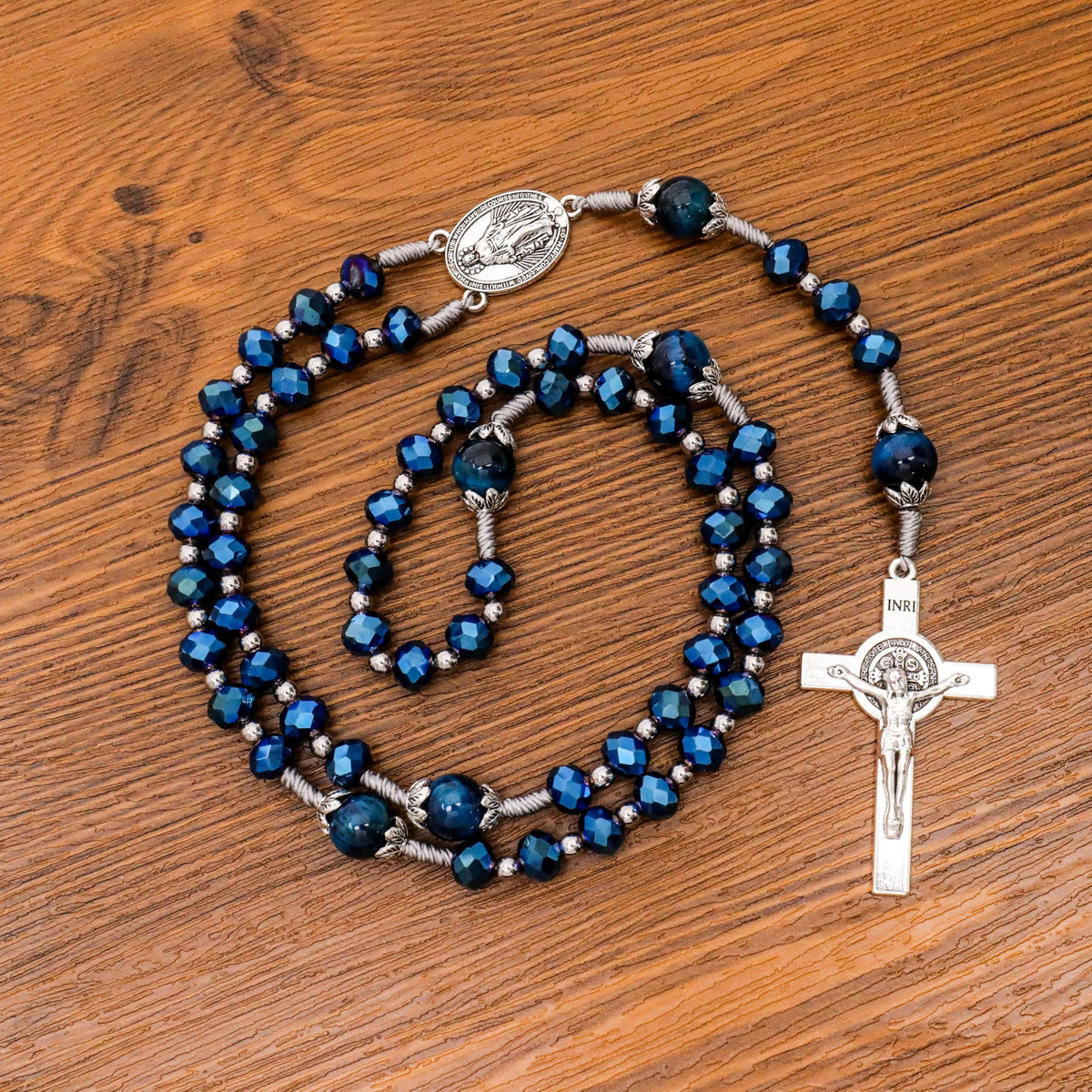 Blue Crystal Rosary Necklace with Tiger Eye Mystery Beads Silver-Plated Miraculous Medal & INRI Crucifix Handmade Catholic Prayer Beads Gift 