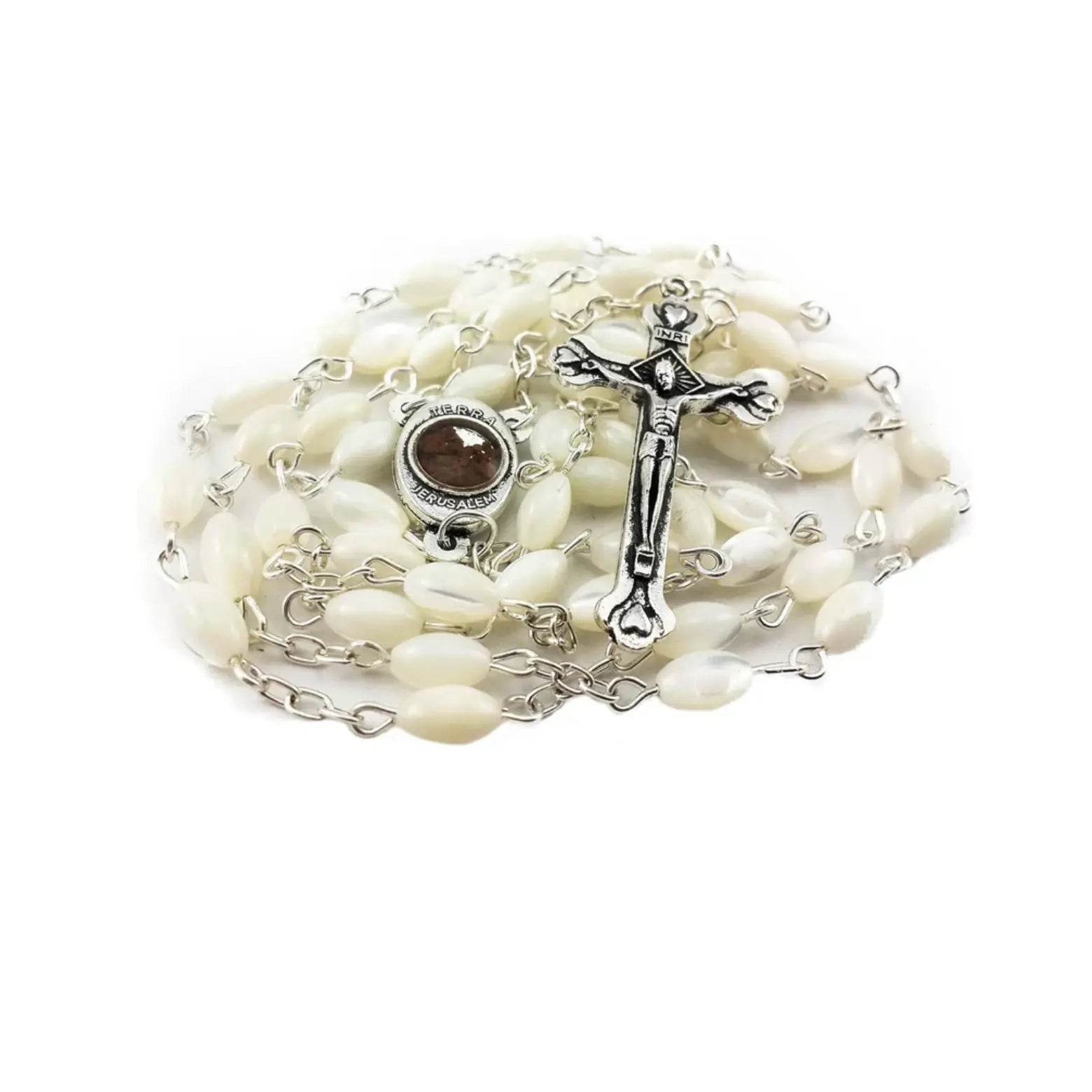 Catholic Rosary Necklace Pearl Shell Beads with Jerusalem Holy Soil Medal - Nazareth Store
