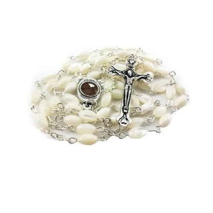 Catholic Rosary Necklace Pearl Shell Beads with Jerusalem Holy Soil Medal - Nazareth Store