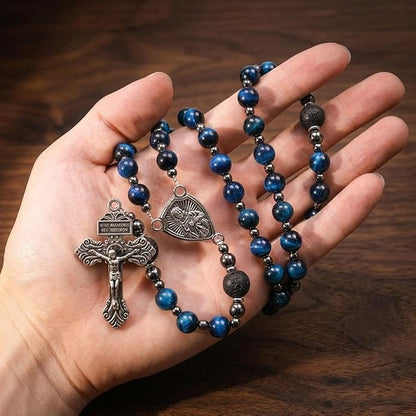 Blue Tiger Eye Rosary Necklace Lava Stone Prayer Beads with Our Father Medal & Crucifix - Nazareth Store 