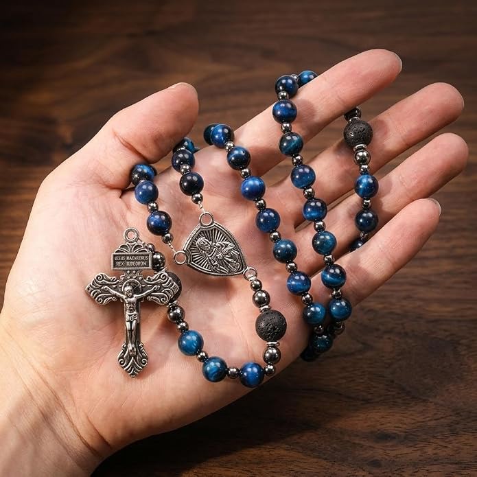 Blue Tiger Eye Rosary Necklace Lava Stone Prayer Beads with Our Father Medal & Crucifix - Nazareth Store 