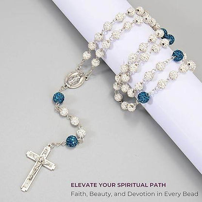 White with Blue Beads Rhinestones Crystal Beads Rosary Necklace - Nazareth Store