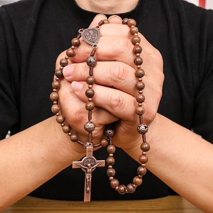 Olive Wood Rosary Necklace Metal Glory Beads with St. Joseph Medal & Cross Crucifix - Nazareth Store 