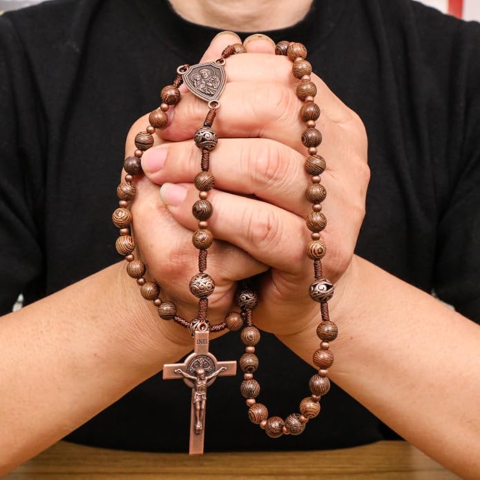 Olive Wood Rosary Necklace Metal Glory Beads with St. Joseph Medal & Cross Crucifix - Nazareth Store 
