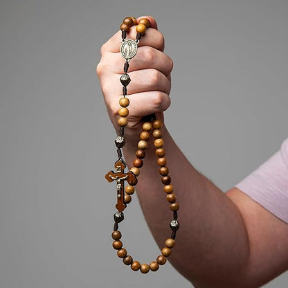 Walnut Wood Beads Rosary Necklace Catholic Prayer Beads with Our Lady Medal & Sacred Metal Cross - Nazareth Store