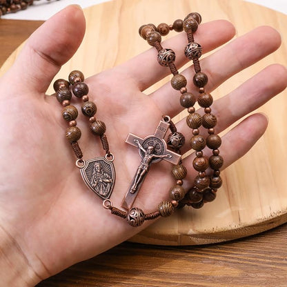 Solid Wooden Beaded Rosary Necklace Metal Glory Beads with Our Father Medal & Crucifix - Nazareth Store 