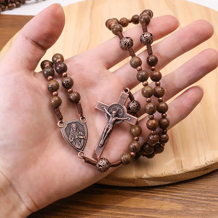 Solid Wooden Beaded Rosary Necklace Metal Glory Beads with Our Father Medal & Crucifix - Nazareth Store 
