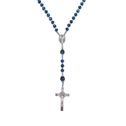 Blue Crystal Rosary Necklace with Tiger Eye Mystery Beads Silver-Plated Miraculous Medal & INRI Crucifix Handmade Catholic Prayer Beads Gift 