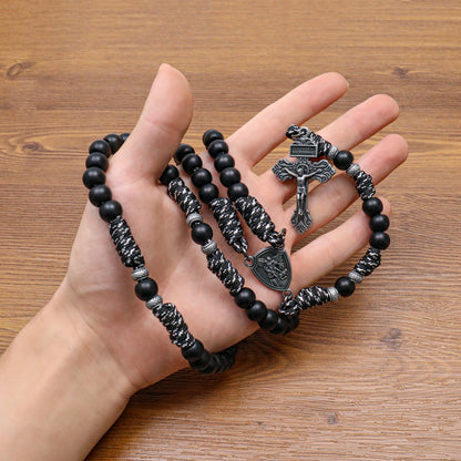Men's Black Beaded Antique Black & White Paracord Rosary Necklace with Silver St. Michael Medal & Pardon Crucifix