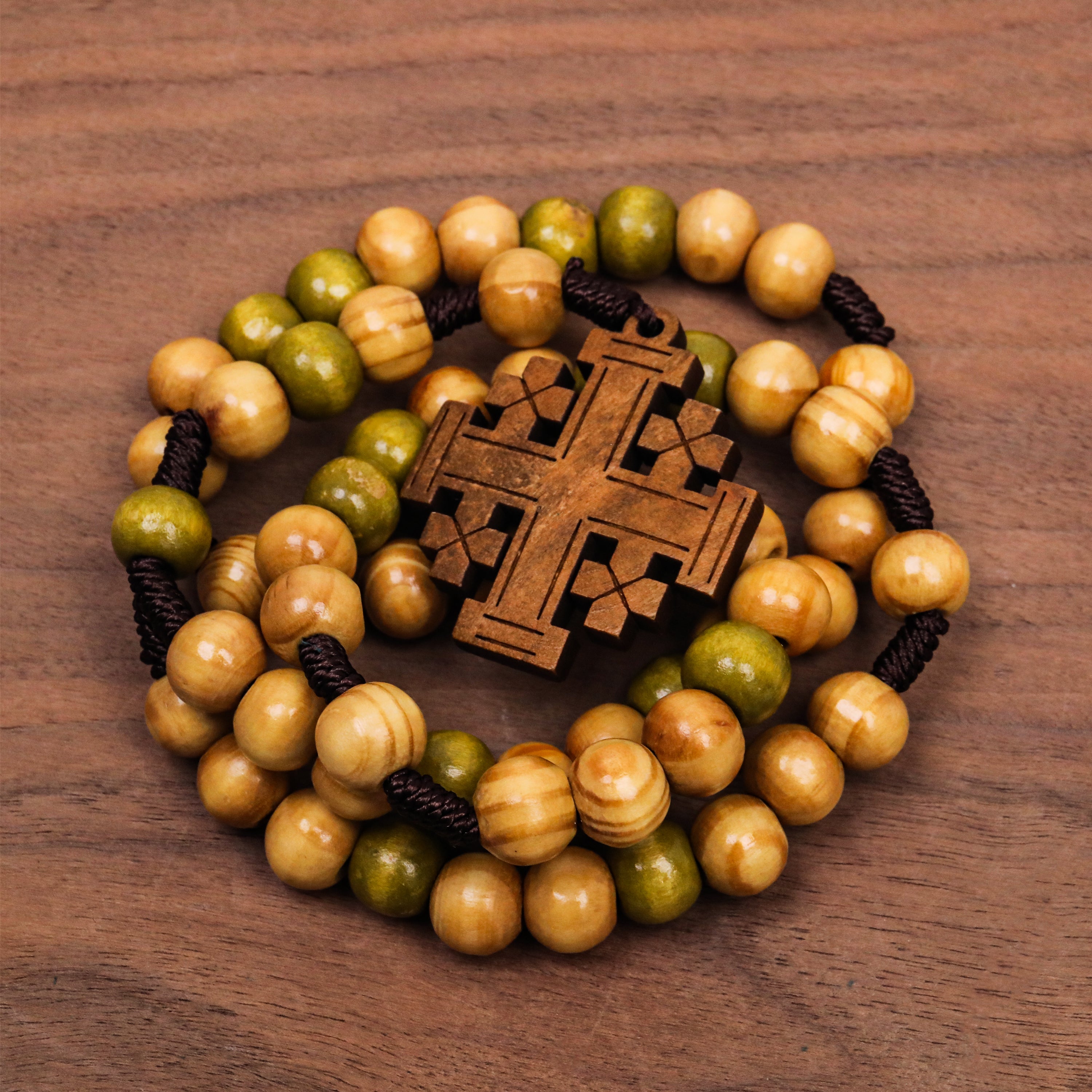 Handcrafted Olive Wood Prayer Rosary with Jerusalem Cross Catholic Car Protection Chaplet-Nazareth Store