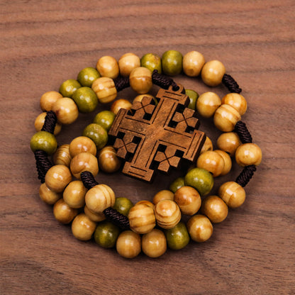 Handcrafted Olive Wood Prayer Rosary with Jerusalem Cross Catholic Car Protection Chaplet-Nazareth Store