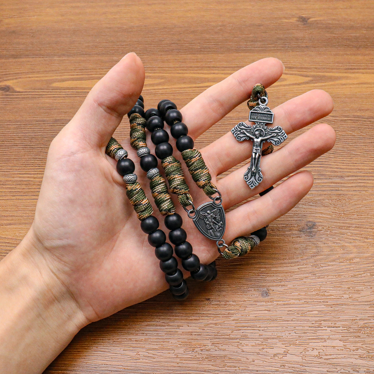 Men's Black Beaded Antique Green & Brown Paracord Rosary Necklace with Silver St. Michael Medal & Pardon Crucifix