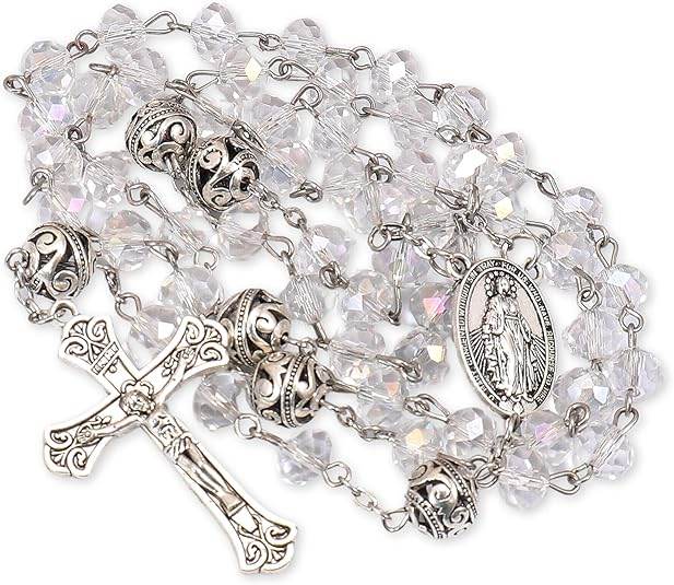Crystal & Alloy Prayer Beads Rosary Necklace Miraculous Medal and