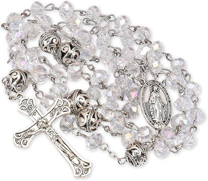 Crystal & Alloy Prayer Beads Rosary Necklace Miraculous Medal and Jesus Cross - Nazareth Store