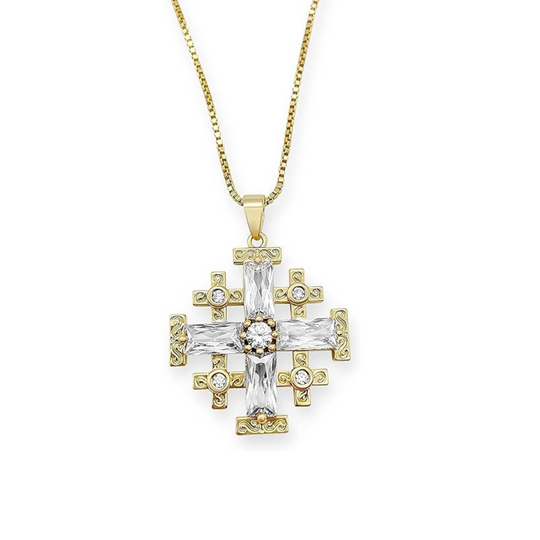 Clear Topaz Cross Pendant Gold Plated Necklace Crystallized Glass Beads 20"