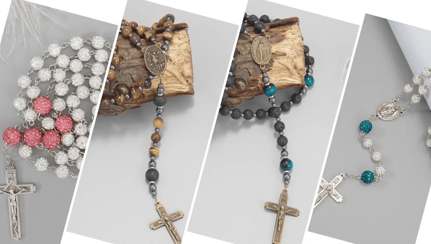 Collection of rosaries with various designs and colors on a gray background