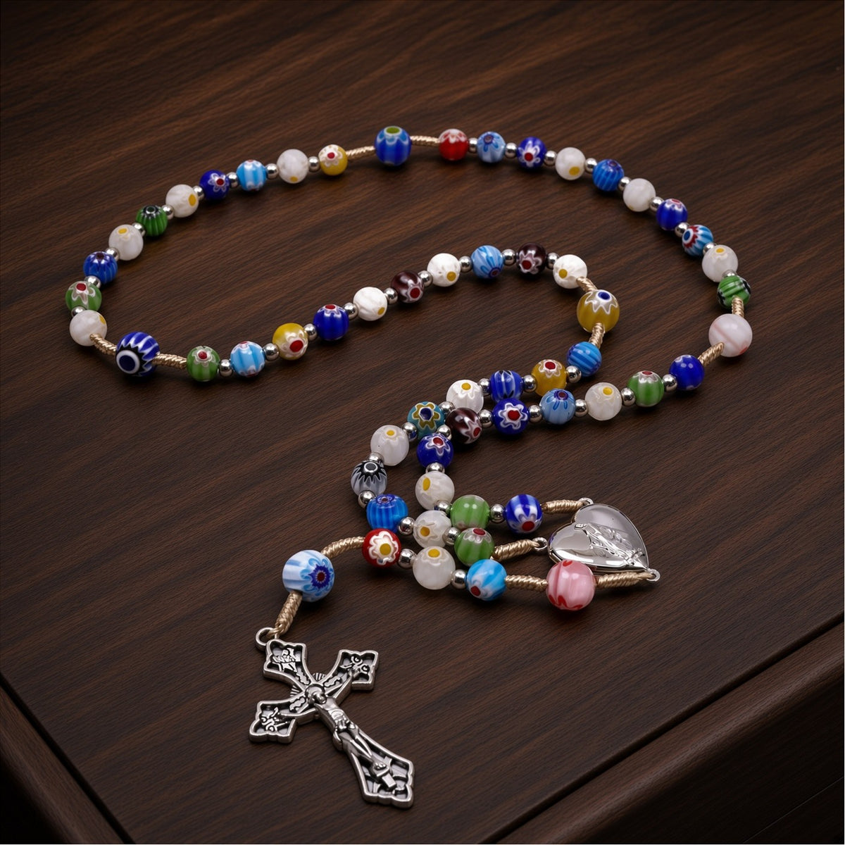 Colorful Murano Millefiori Glass Catholic Rosary Our Lady of Grace Locket Medal & Cross - Nazareth Store