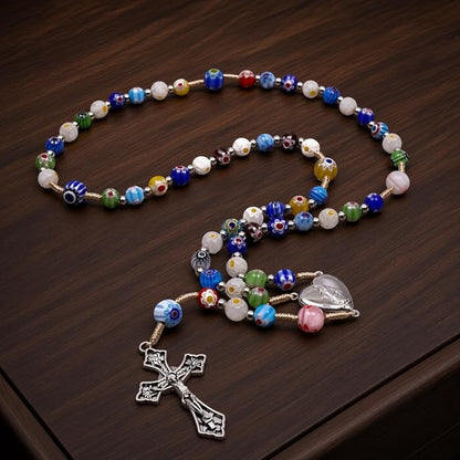 Colorful Murano Millefiori Glass Catholic Rosary Our Lady of Grace Locket Medal & Cross - Nazareth Store