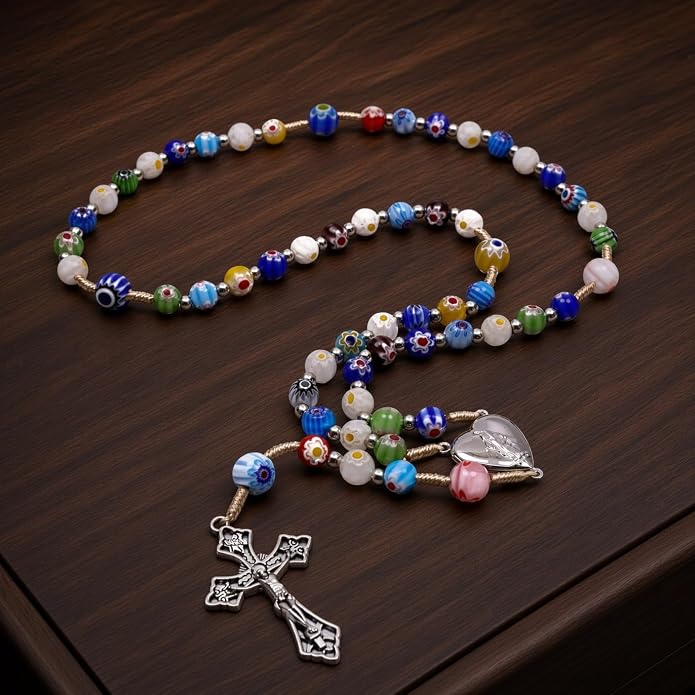 Colorful Murano Millefiori Glass Catholic Rosary Our Lady of Grace Locket Medal & Cross - Nazareth Store