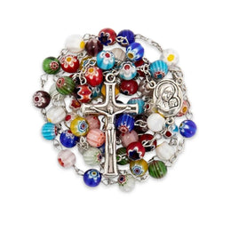 Colorful Murano Glass Rosary Necklace Millefiori Prayer Beads with Holy Soil Medal & Cross