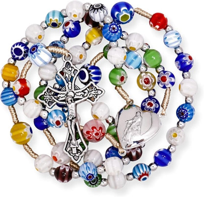 Colorful Murano Millefiori Glass Catholic Rosary Our Lady of Grace Locket Medal & Cross - Nazareth Store