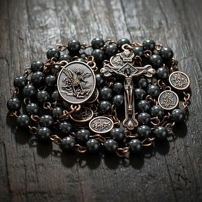 Black Hematite Copper St. Michael Stone Beads Rosary Necklace with Metal Box - Nazareth Store
