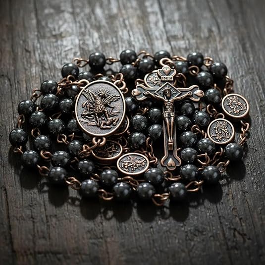 Black Hematite Copper St. Michael Stone Beads Rosary Necklace with Metal Box - Nazareth Store