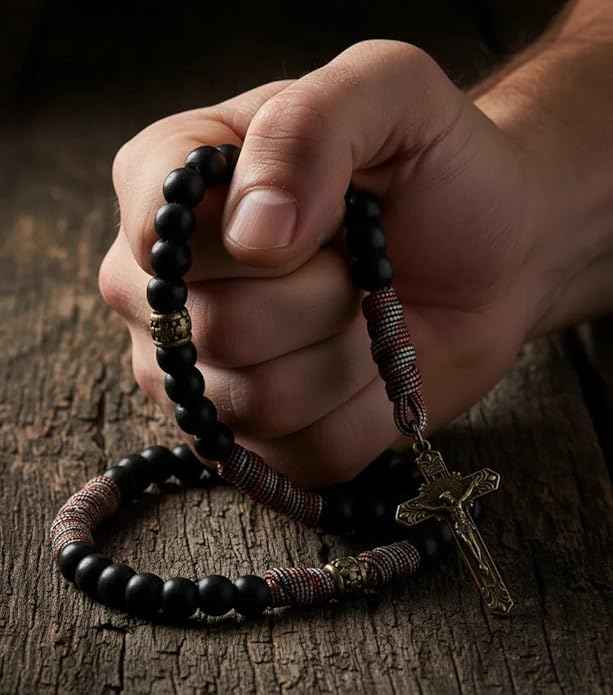St. Benedict Paracord Rosary Corded Necklace Black Matte Beads & INRI Cross