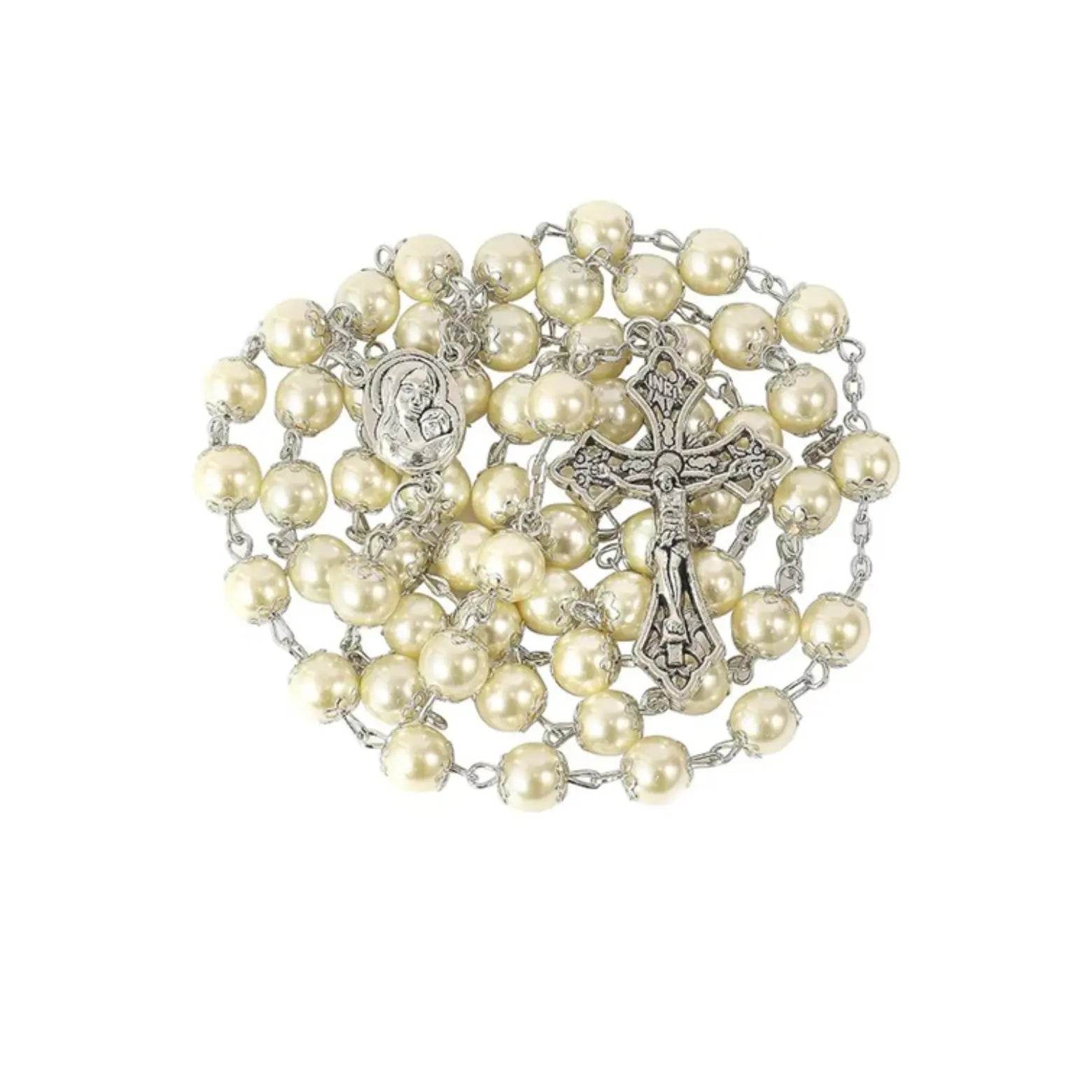 Cream Pearl 8mm Rosary Necklace with Holy Soil Medal & Cross Crucifix - Nazareth Store