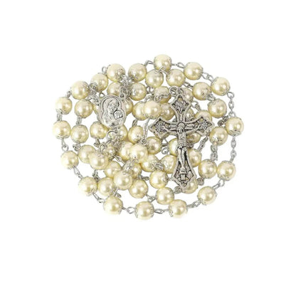 Cream Pearl 8mm Rosary Necklace with Holy Soil Medal & Cross Crucifix - Nazareth Store