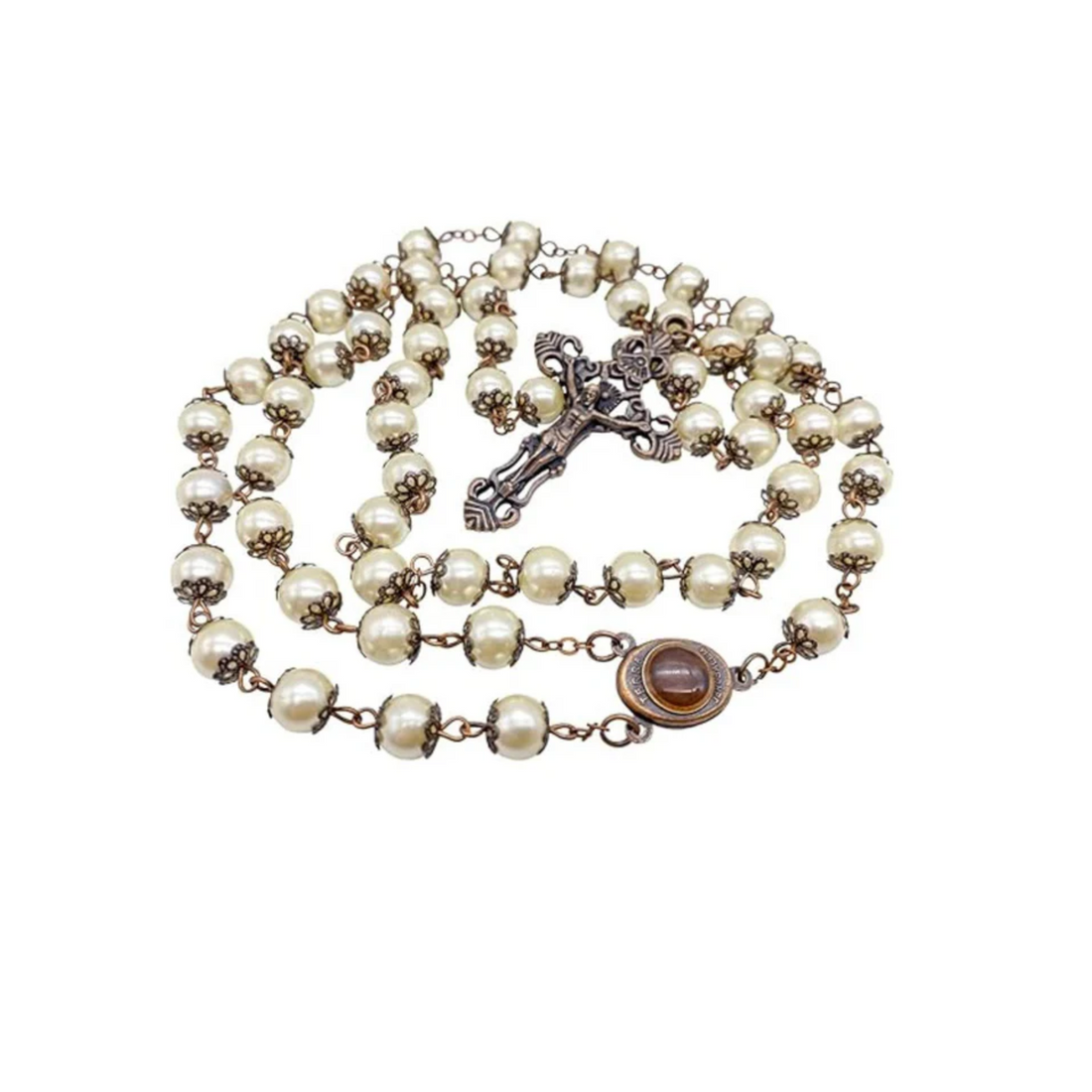 Cream Pearl Beads Rosary Necklace Holy Soil Medal Vintage Design Rosary Nazareth Store