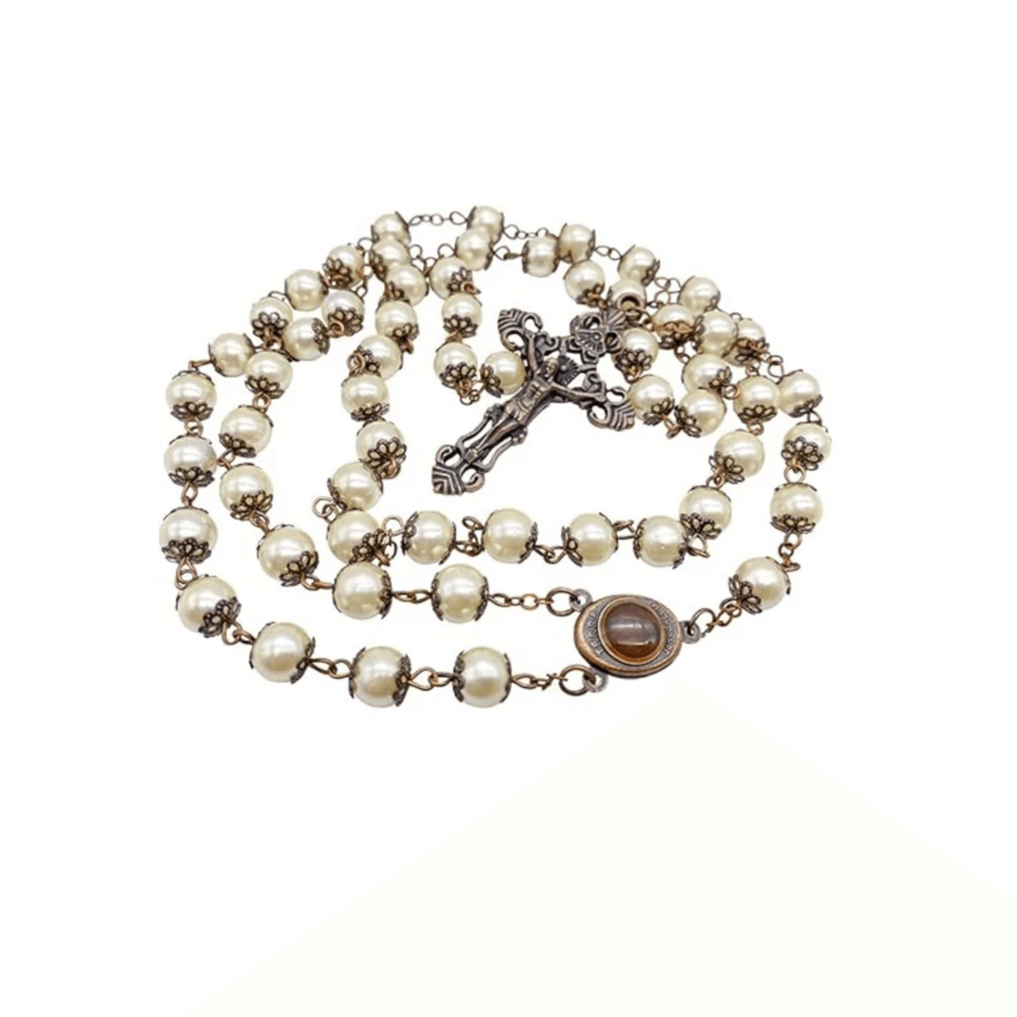 Cream Pearl Beads Rosary Necklace Holy Soil Medal Vintage Design Rosary