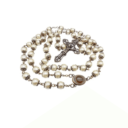 Cream Pearl Beads Rosary Necklace Holy Soil Medal Vintage Design Rosary