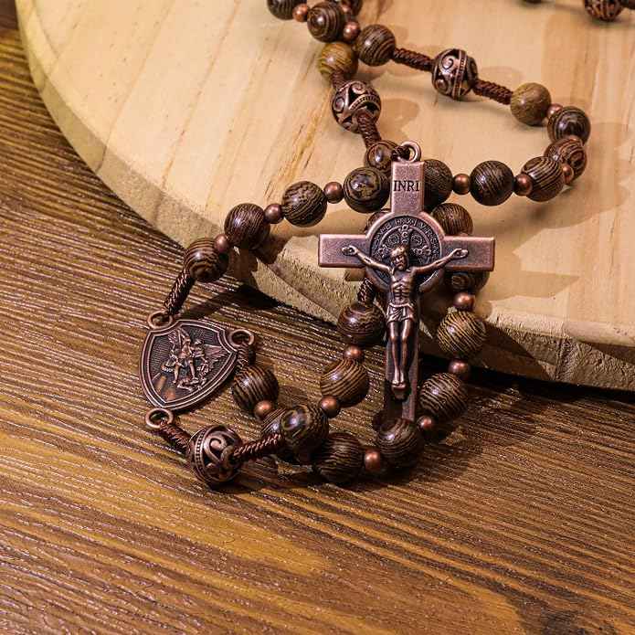 Olive Wood Rosary Necklace Metal Glory Beads with St. Michael Medal & Cross Crucifix