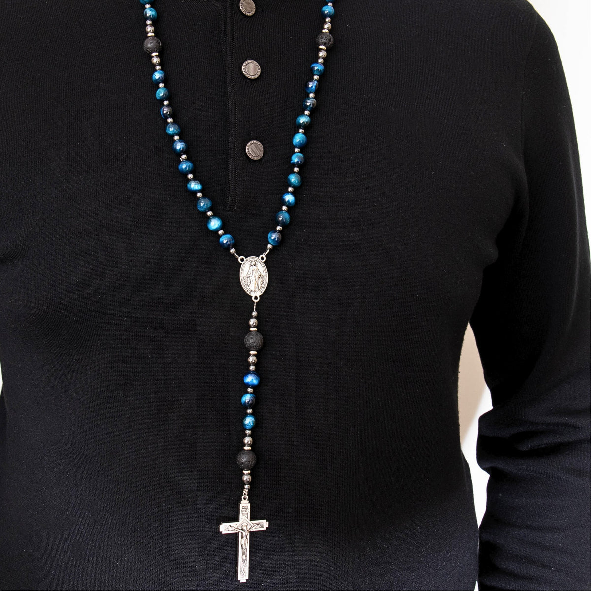 Men's Blue Tiger Eye Rosary with Lava Beads Miraculous Medal & Cross Rosary Necklace - Nazareth Store