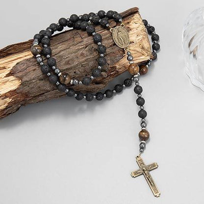 Black Lava Stone Rosary with Yellow Tiger Eye Miraculous Medal & Cross Necklace for Men's - Nazareth Store