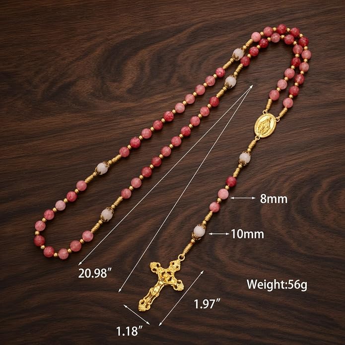 Strawberry Quartz Rosary Necklace White Jade Beads with Miraculous Medal & Cross - Nazareth Store