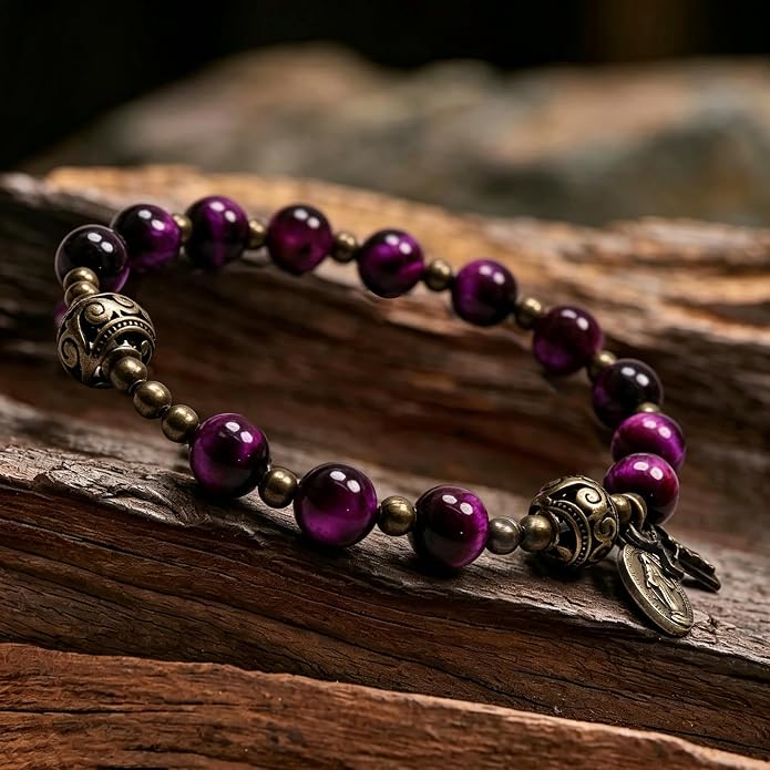 Purple Tiger Eye Rosary Bracelet Metal Separators with Miraculous Medal & Cross Wrist Jewelry - Nazareth Store