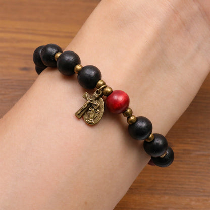 Black Wooden Bead Rosary Bracelet with Antique Bronze Miraculous Medal & Cross