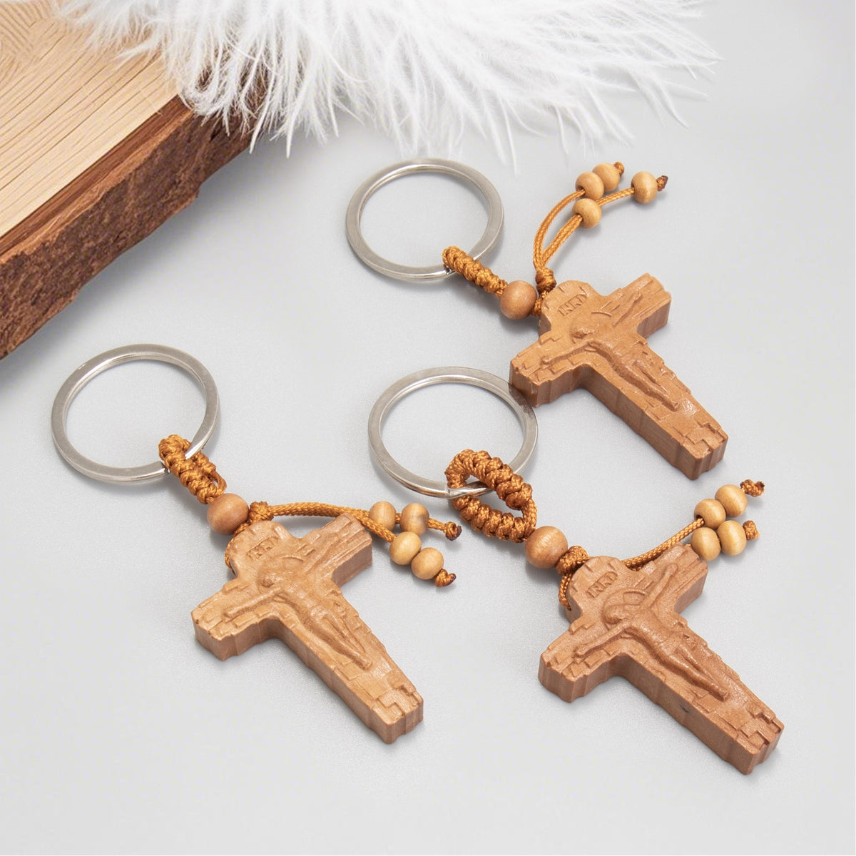 3pcs Wooden Crucifix Keychain Set Hand-Carved Peach Wood with Beaded Rope - Nazareth Store