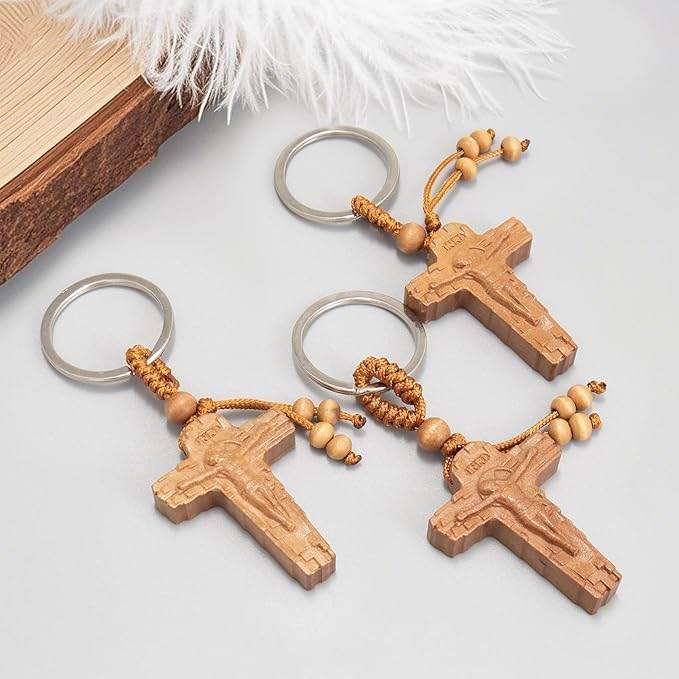 3pcs Wooden Crucifix Keychain Set Hand-Carved Peach Wood with Beaded Rope - Nazareth Store