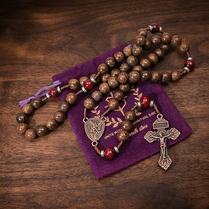 Handmade Wooden Beads Rosary Necklace with Saint Michael Medal & Crucifix Religious Gift - Nazareth Store 