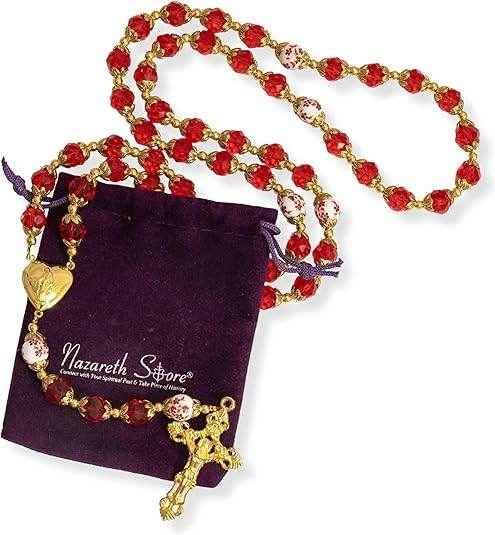 Red Crystal Beads Gold Flowers Beaded Rosary Necklace Miraculous Heart Locket Medal (Copy)
