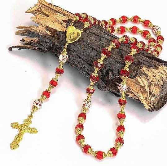 Red Crystal Beads Gold Flowers Beaded Rosary Necklace Miraculous Heart Locket Medal (Copy)