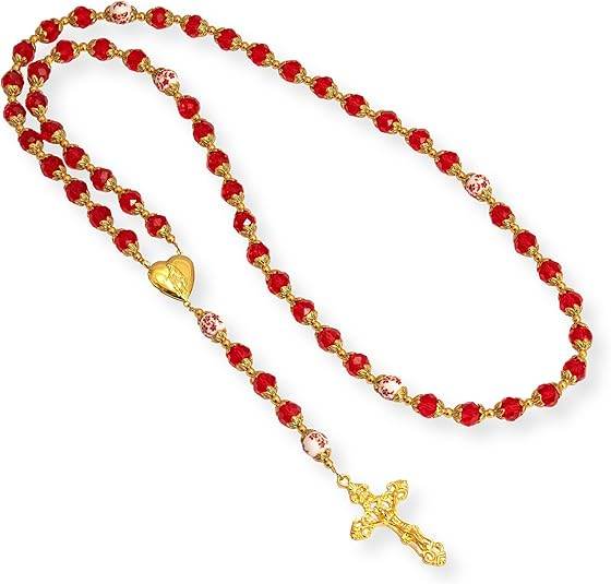 Catholic Red Crystal Beads Gold Rosary Flowers Beaded Necklace Miraculous Heart Locket Medal & Cross Religious Women Men Amulet