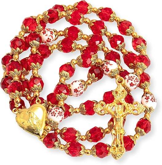 Catholic Red Crystal Beads Gold Rosary Flowers Beaded Necklace Miraculous Heart Locket Medal & Cross Religious Women Men Amulet