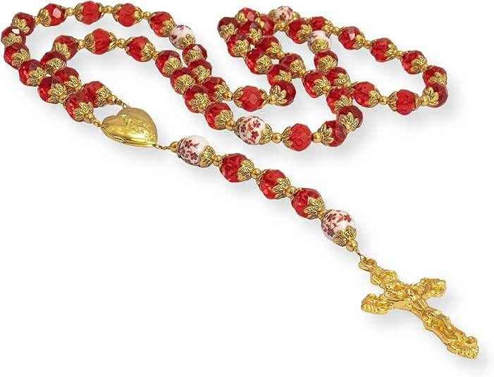 Red Crystal Beads Gold Flowers Beaded Rosary Necklace Miraculous Heart Locket Medal (Copy)