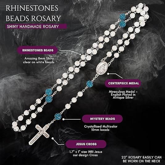 White with Blue Beads Rhinestones Crystal Beads Rosary Necklace - Nazareth Store