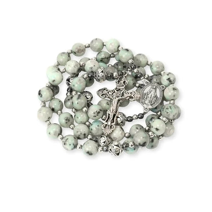 Dalmatian Jasper Natural Stone Rosary Beads Necklace Holy Soil & Cross - Nazareth Store